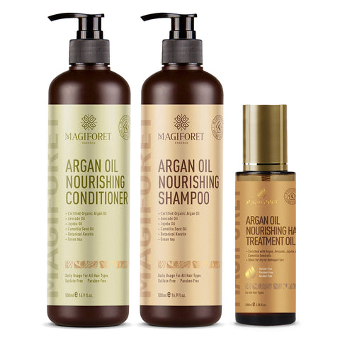 MagiForet Argan Oil Nourishing Daily Care Set, Shampoo 500ml + Conditioner 500ml + Hair Serum 100ml, Sulfate Free Paraben Free, Soft & Smooth